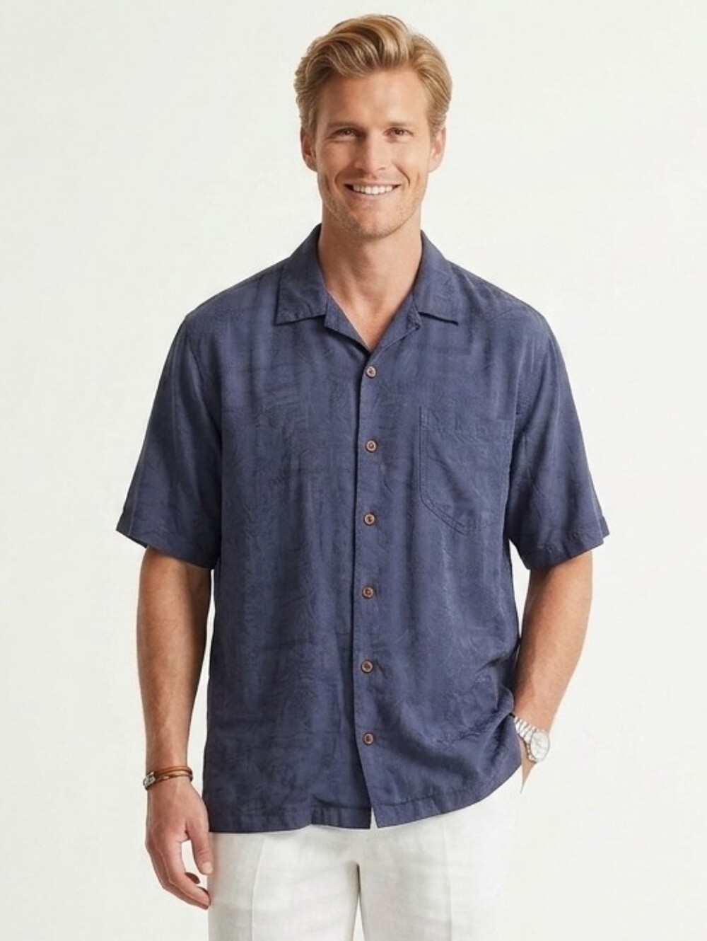 Tommy Bahama Men’s Medium 100% Silk Navy Blue Textured Short Sleeve Camp Shirt
